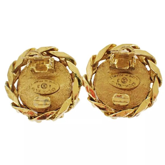 Auth CHANEL CC Logo Round Button Earrings 23 Rhinestone Clip-On GHW Vintage - Picture 2 of 9